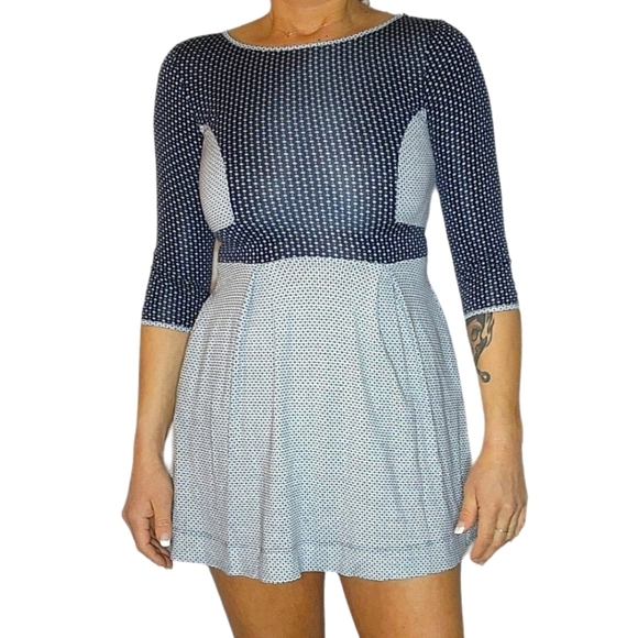 French Connection Quarter Sleeve Mini Dress Blue Grey Polka Dot Size 4 - Picture 1 of 5